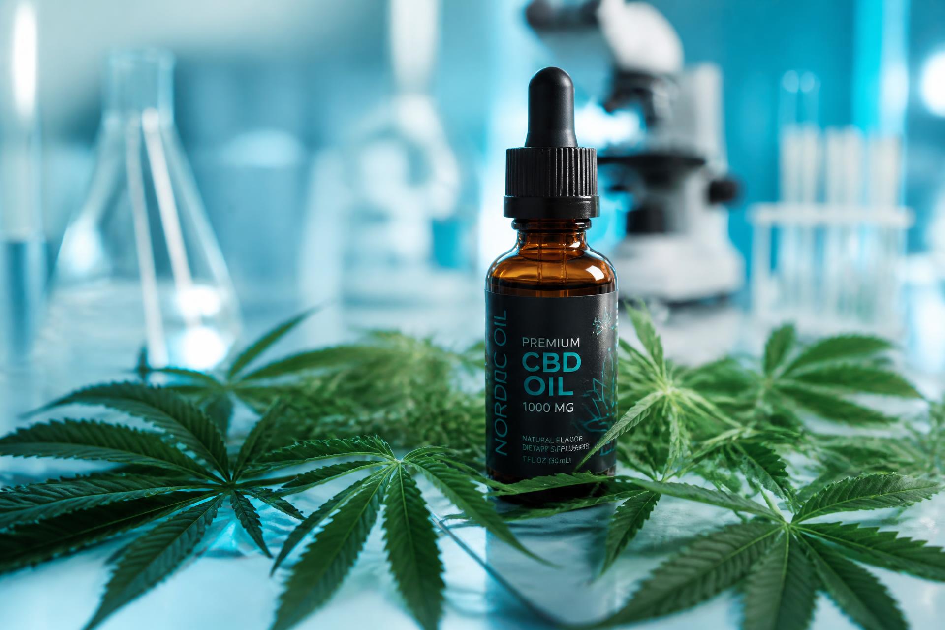 Óleo CBD AME-C com folhas de cannabis em laboratório